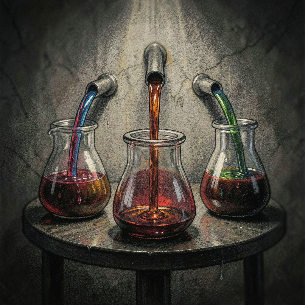 a central hub with three distinct spouts pouring different colored liquids into specific uniquely shaped reservoirs