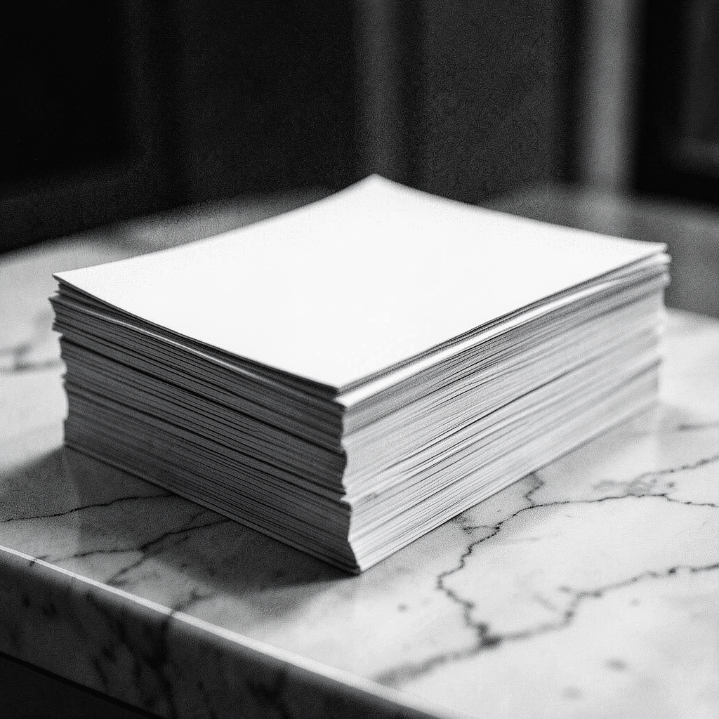 a close-up of a neatly arranged stack of pristine papers with clean edges placed on a modern marble surface conveying precision and readiness