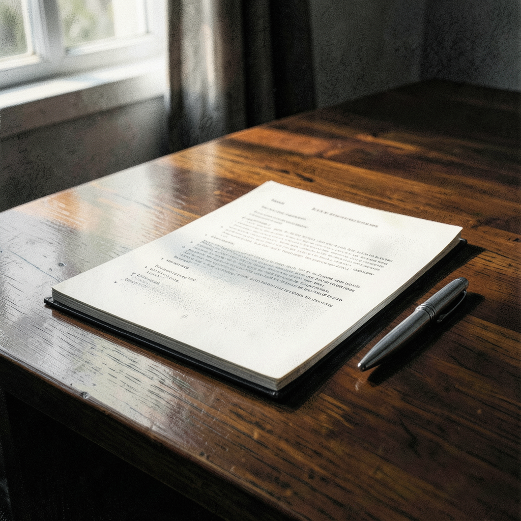 a crisp bound document resting on a polished wooden desk beside a sleek silver pen illuminated by soft natural light from a nearby window