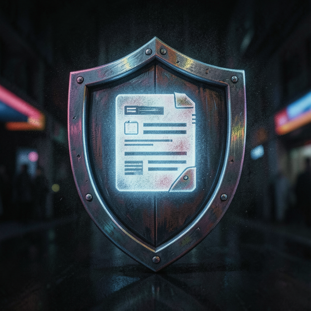 a digital shield protecting a glowing document symbolizing data security and compliance dark background with neon accents