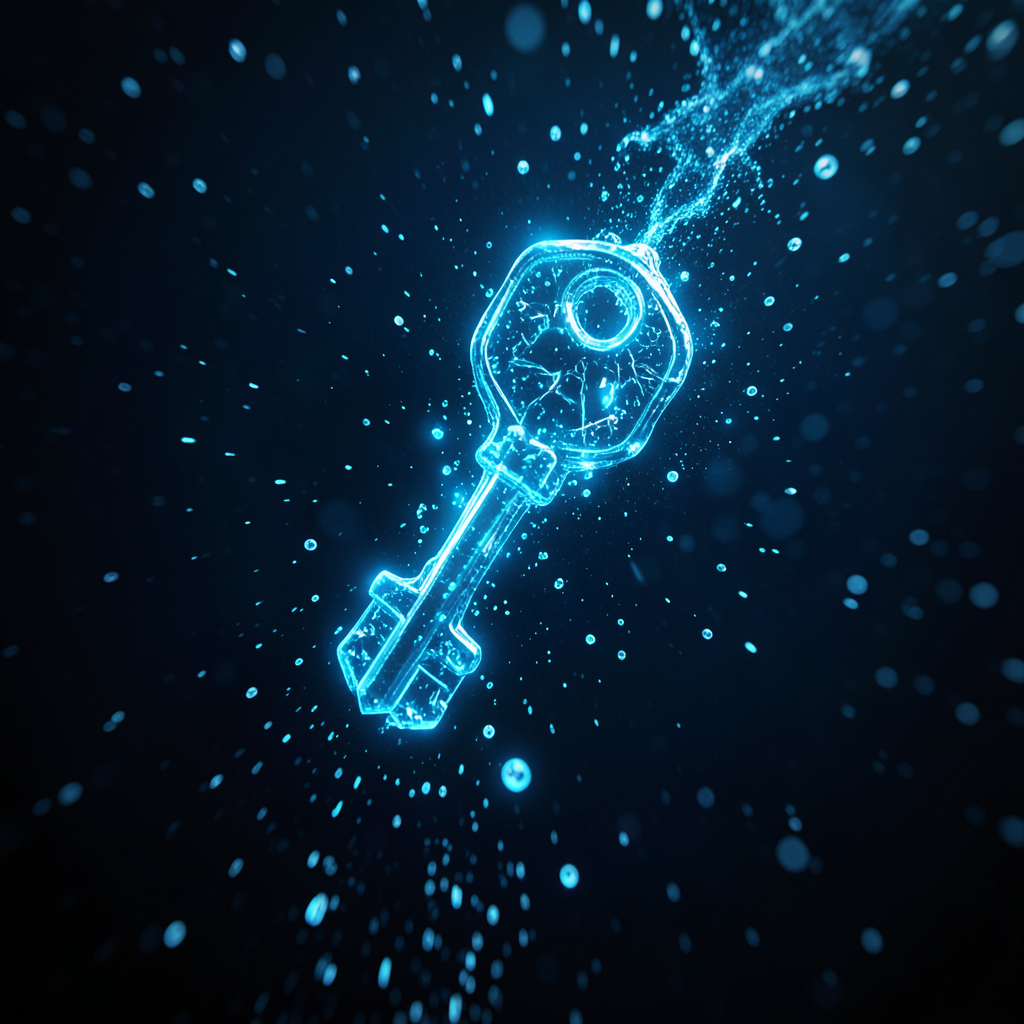 a glowing digital key floating in a stream of luminous data particles water-like fluid dynamics underwater photography style bioluminescent blue lighting high detail no text artifacts