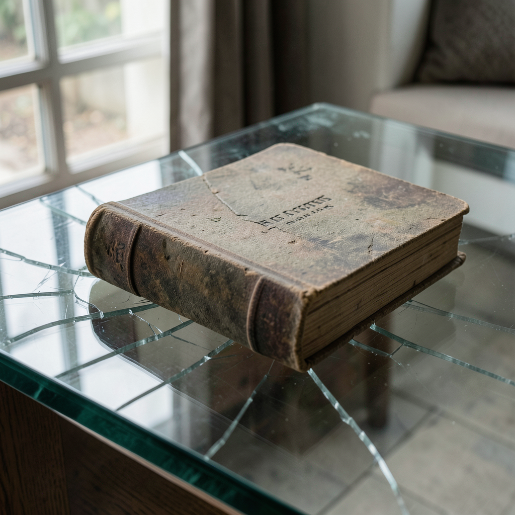 a heavy stone ledger book resting on a glass table the glass cracking under weight architectural photography style sharp focus muted earth tones natural window lighting high dynamic range