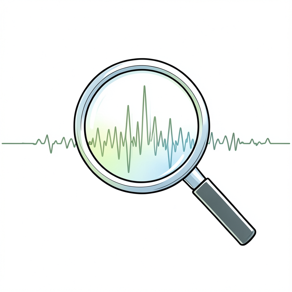 a magnifying glass focusing on a perfectly aligned digital waveform soft green and blue lighting clean scientific illustration style