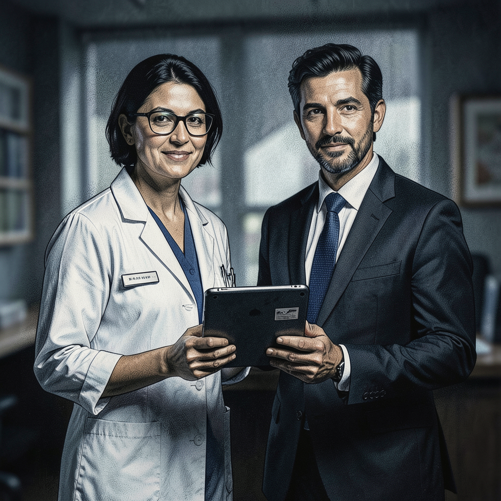 a medical professional and a lawyer standing side by side looking confident holding a secure digital tablet