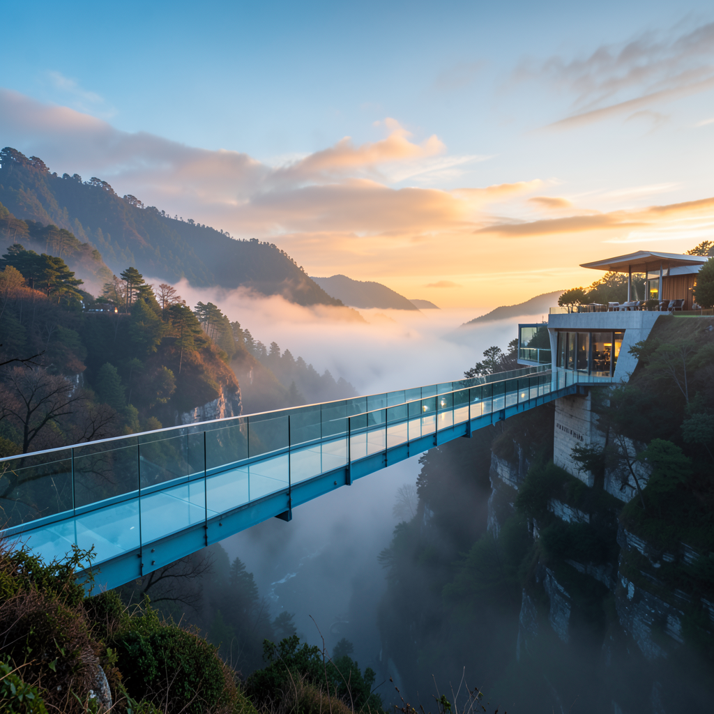 a modern glass bridge spanning a misty valley connecting two distinct architectural styles wide-angle shot golden hour lighting cool blue and warm orange palette architectural photography style 