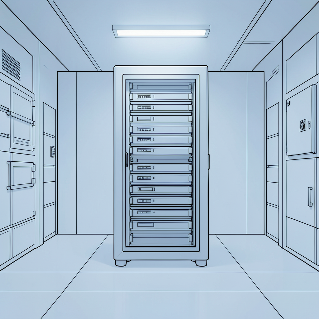 a modern server rack inside a secure vault with subtle german engineering aesthetics soft blue lighting clean lines abstract tech illustration