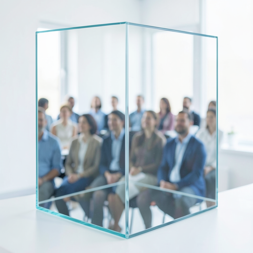 a pristine glass shield reflecting a blurred crowd of diverse speakers clear reflection in focus minimalist composition bright natural window light white and soft blue color palette conceptual pr