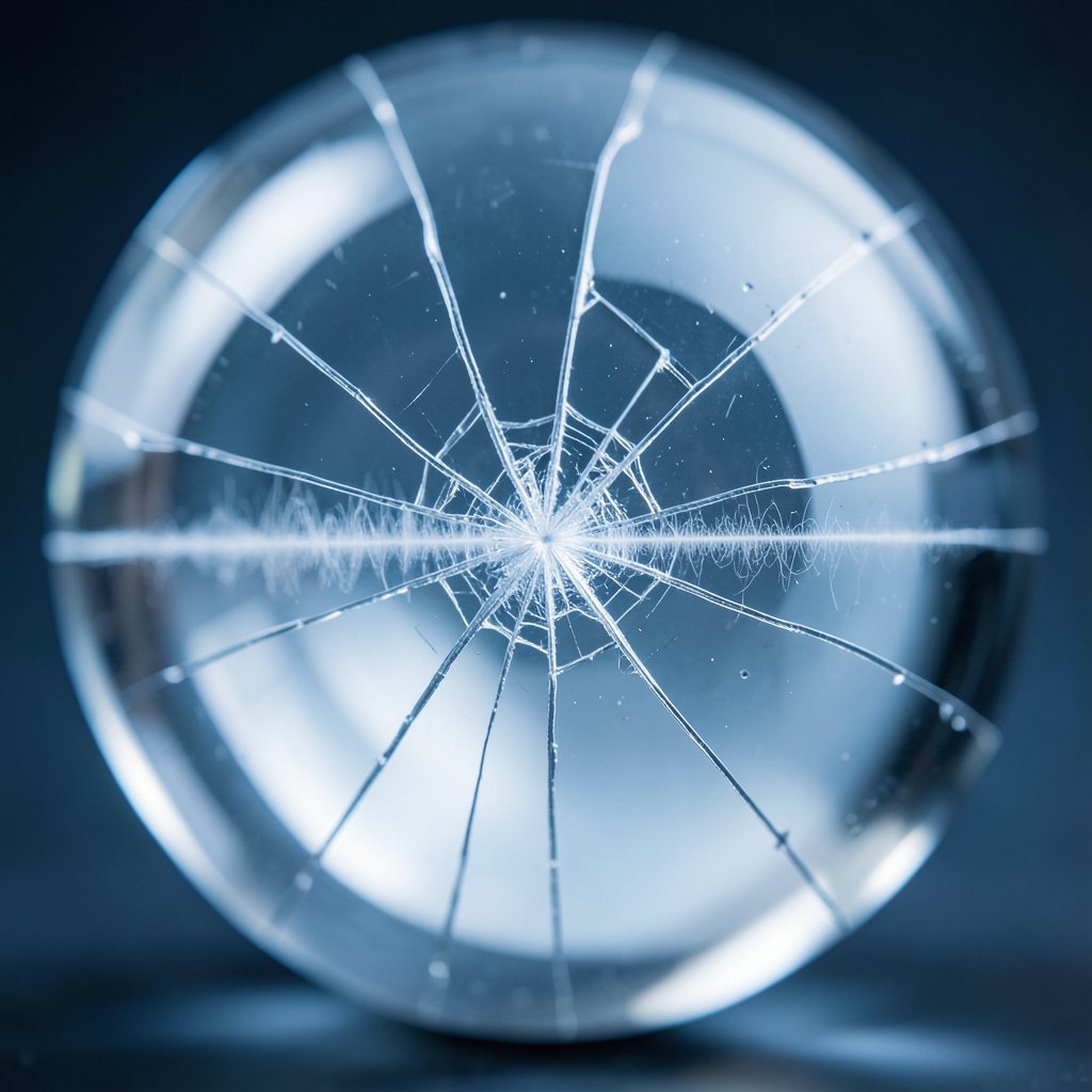 a pristine glass sphere containing a delicate sound wave micro-fractures spreading across the surface macro photography shallow depth of field dramatic side lighting cool blue tones high resolut