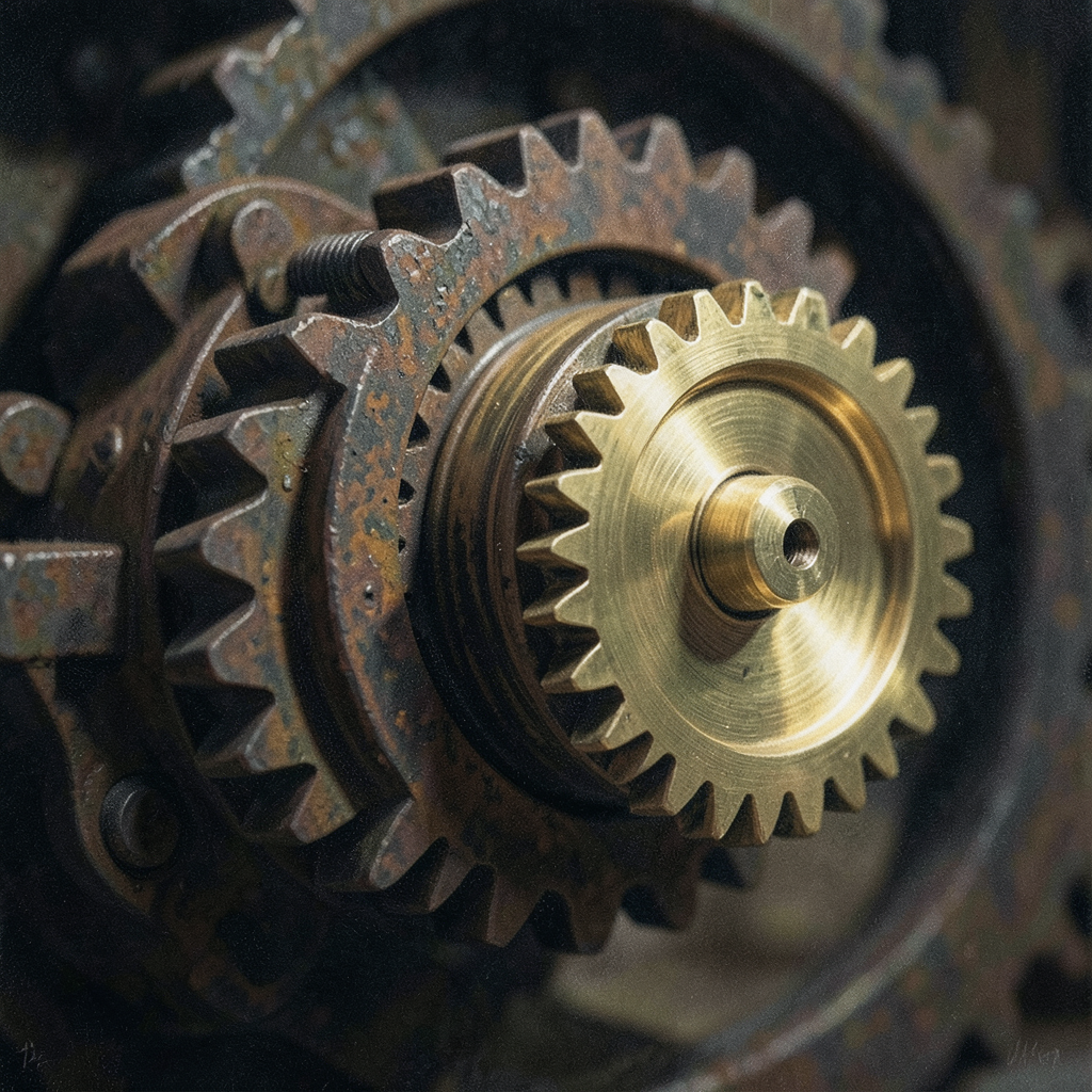 a rusty jammed gear mechanism being smoothly replaced by a sleek polished brass gear turning effortlessly macro detail