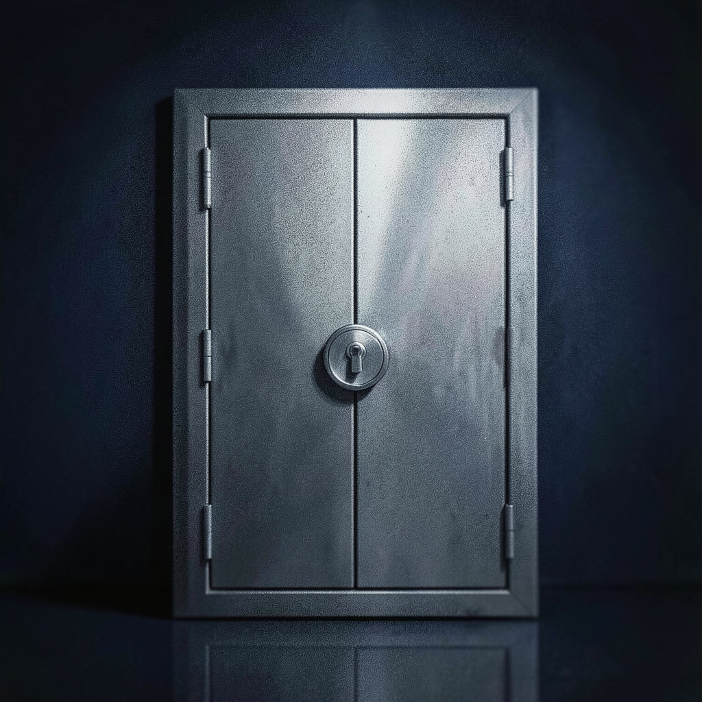 a sleek metallic vault door with a subtle circular lock mechanism set against a deep navy background conveying secure data storage and trust