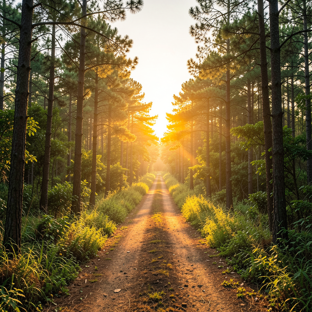 a straight well-lit path cutting through a dense forest leading toward a bright horizon wide landscape composition golden morning light vibrant greens and golds inspirational travel photography st