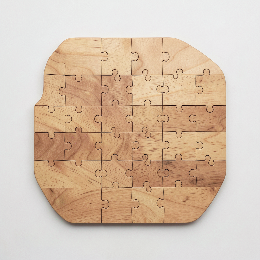 a wooden jigsaw puzzle with interlocking pieces forming a complete abstract shape top-down flat lay view soft studio lighting natural wood textures and grain warm earth tones conceptual design ph
