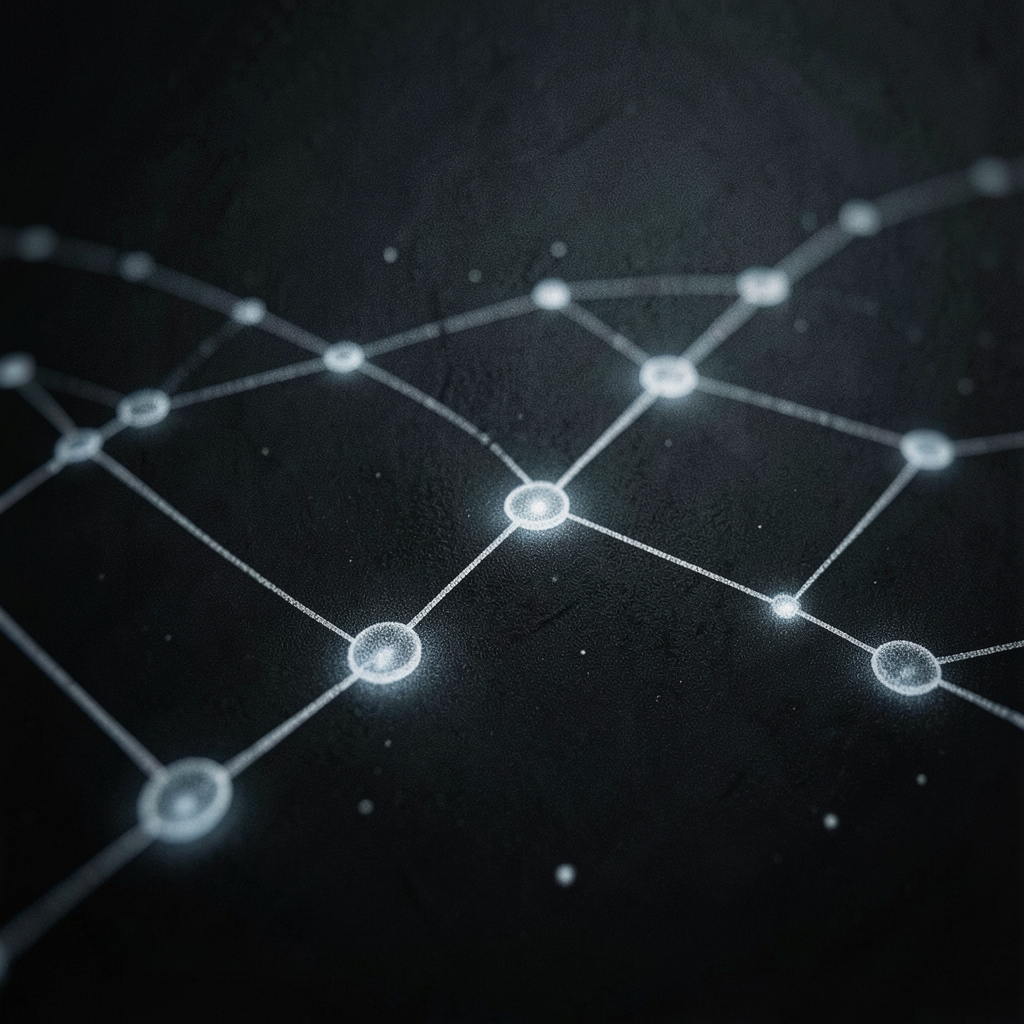 abstract digital timeline with connected glowing nodes on a dark background representing data traceability and secure flow minimalist style