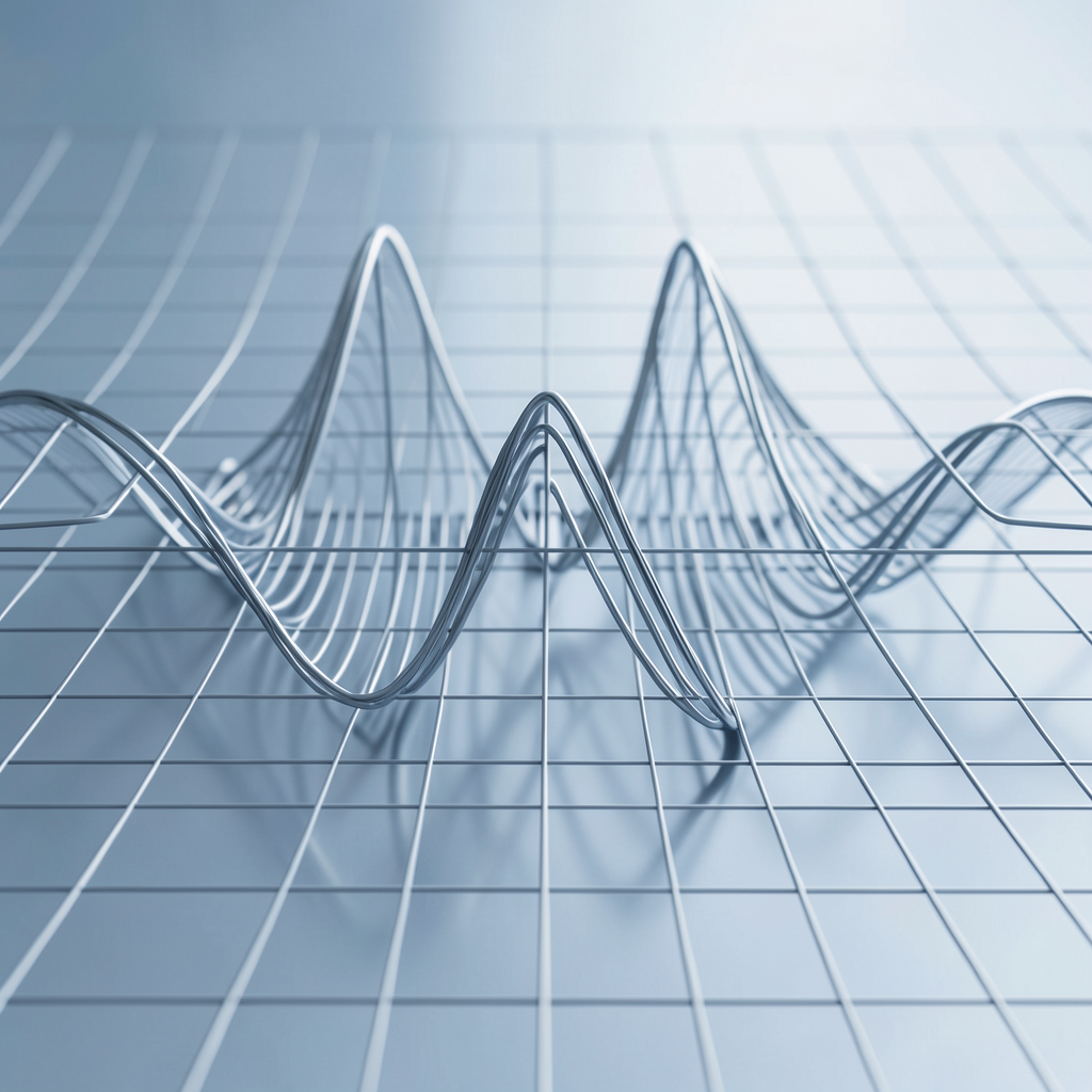 abstract visualization of sound waves merging into a structured medical grid minimalist design cool blue and silver palette high definition macro photography style clean geometry