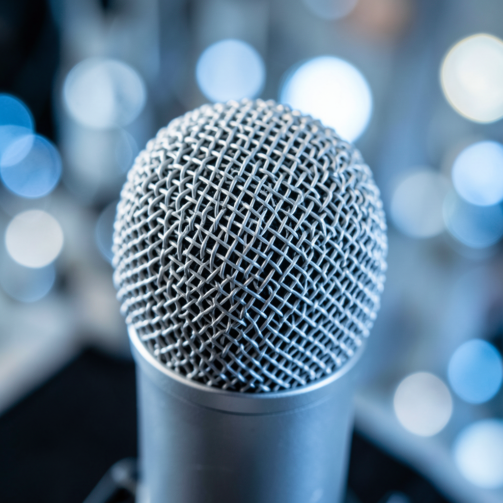 close-up of a high-fidelity studio microphone capturing intricate sound wave patterns macro photography sharp focus cool blue and silver color palette bokeh background product photography style