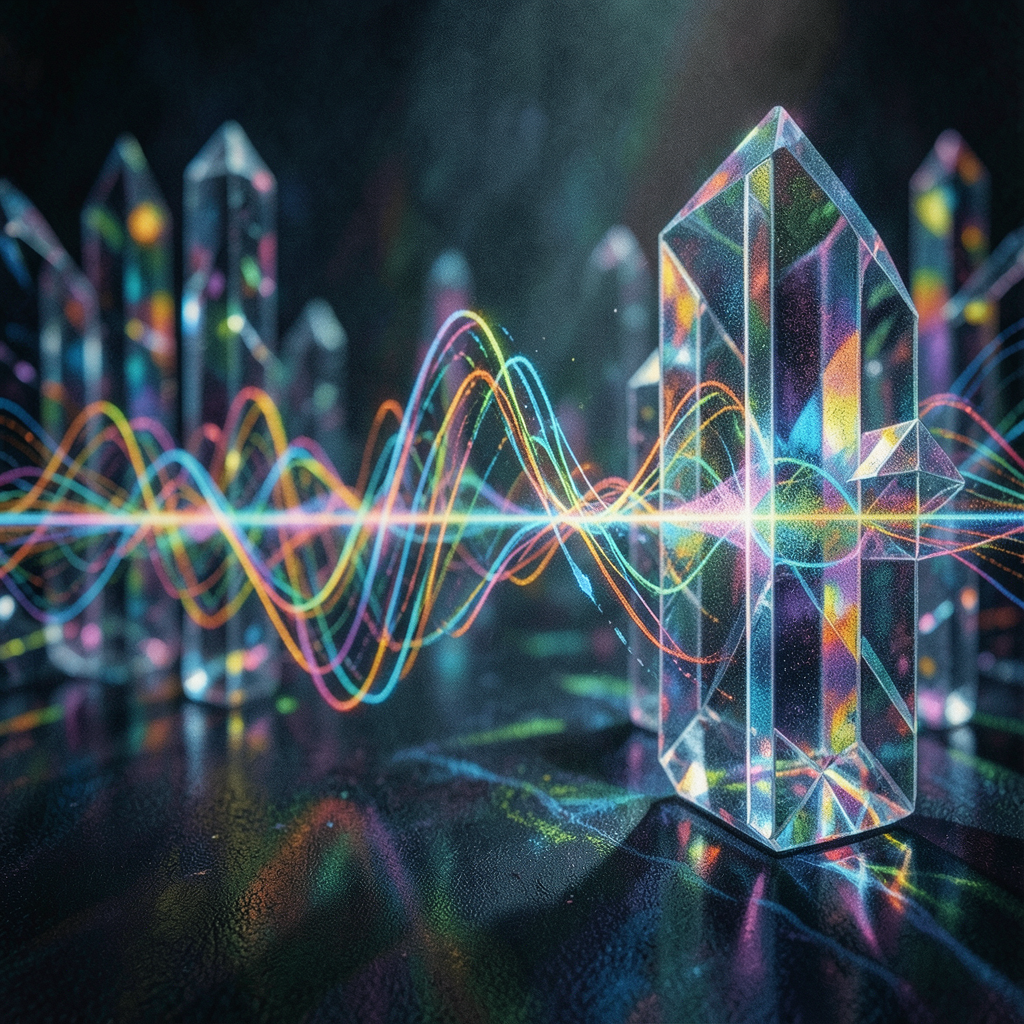 dynamic composition of sound waves morphing into structured crystal blocks representing transformation from audio to actionable insights vibrant colors