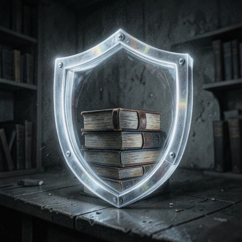 futuristic shield made of light protecting a stack of bound volumes in a dark room compliance and security metaphor cinematic lighting