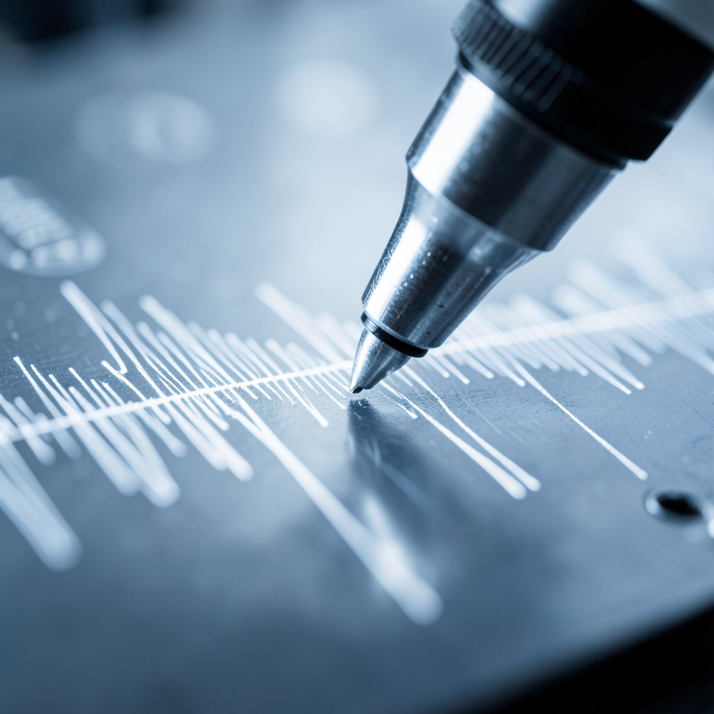 high-precision microscope inspecting a flawless digital audio waveform macro photography shallow depth of field cool white studio lighting monochromatic blue and silver palette razor-sharp focus