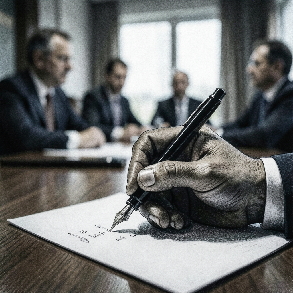 macro shot of a hand writing frantically with a fountain pen blurred background of a serious meeting sense of administrative burden photorealistic