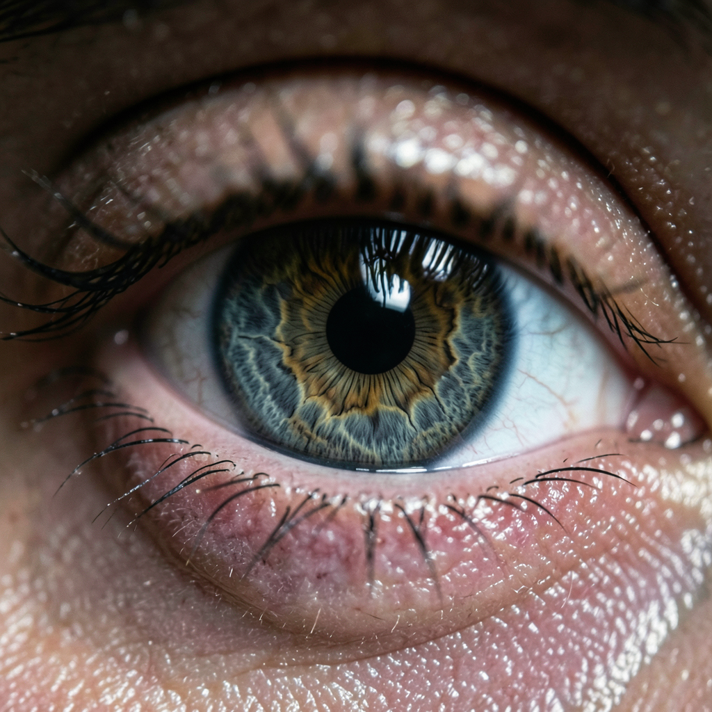 macro shot of a human eye reflecting a complex pattern capturing observation and detail dramatic lighting high texture portrait photography style intense focus sharp iris