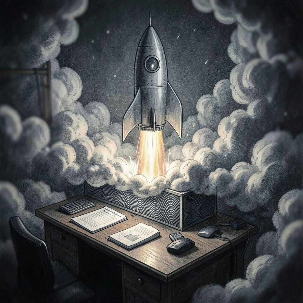 metaphorical image of a rocket launching from a desk made of audio waves breaking through a cloud barrier acceleration and momentum