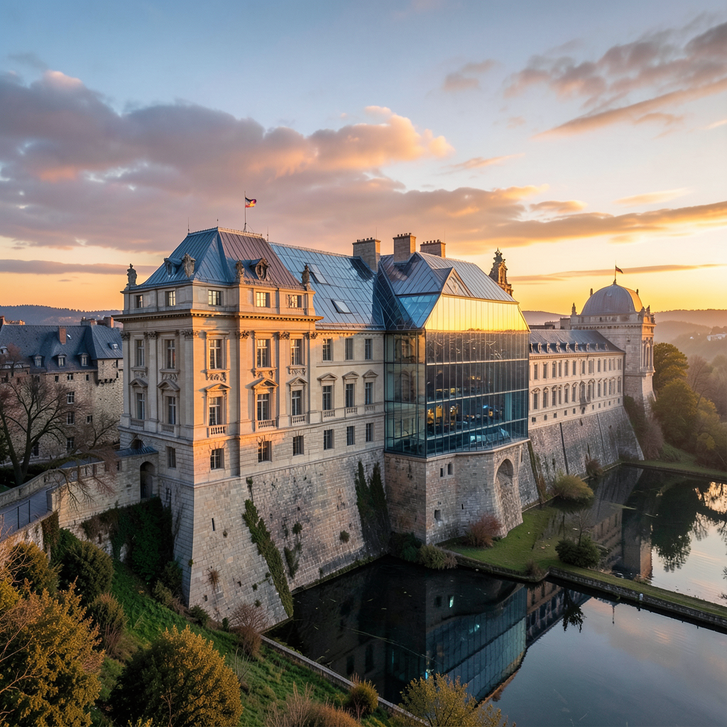 modern fortress blending classical european architecture with smart glass technology golden hour lighting wide-angle landscape warm sunset hues and cool glass reflections architectural visualizati