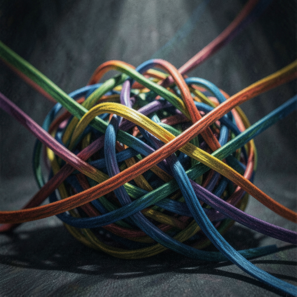 multiple sound sources represented as distinct colored ribbons separating clearly from a tangled mass symbolizing speaker identification and clarity