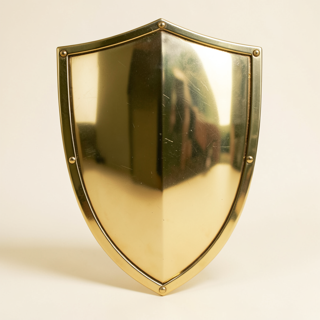 polished brass shield protecting a stack of pristine documents studio lighting product photography style centered composition warm gold and cream color palette crisp details