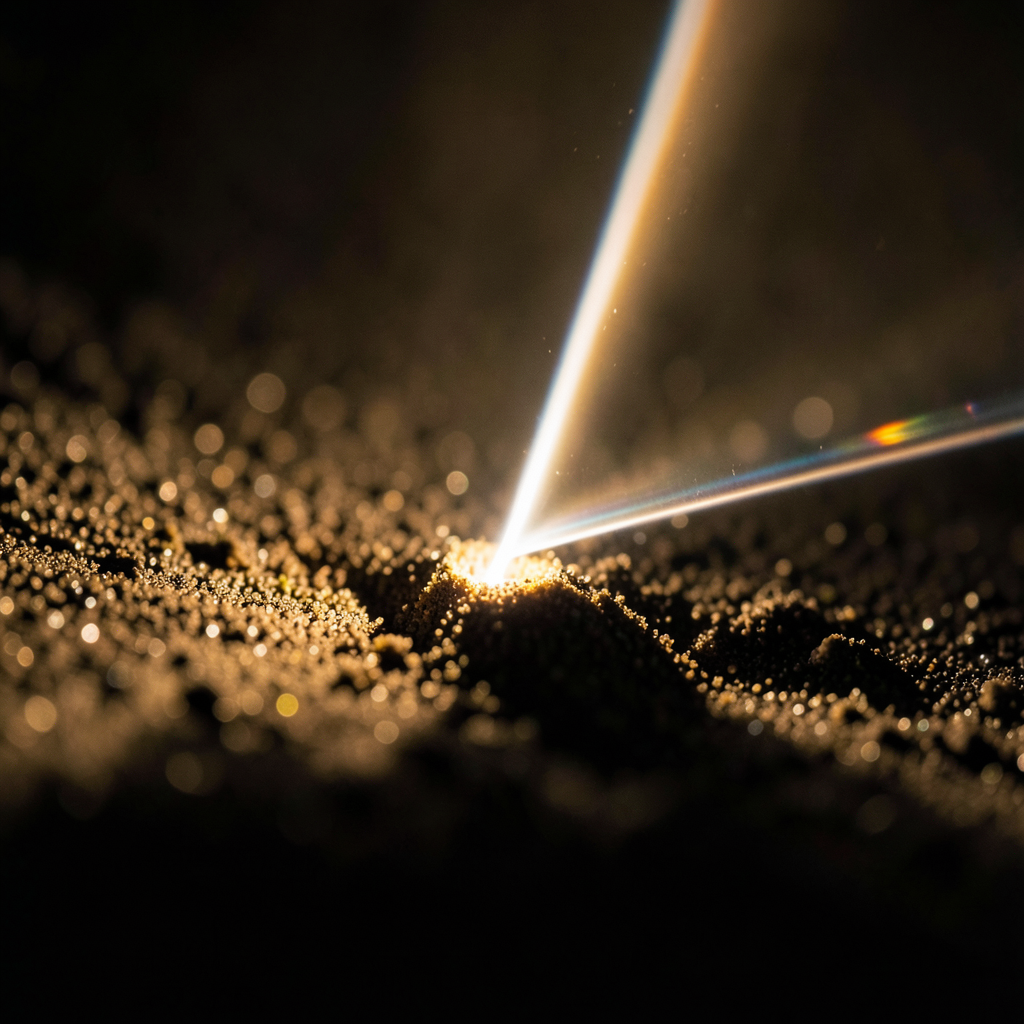 precision laser beam focusing on a single grain of sand dramatic side lighting high contrast minimalist composition metallic and warm tones sharp focus macro photography technical aesthetic