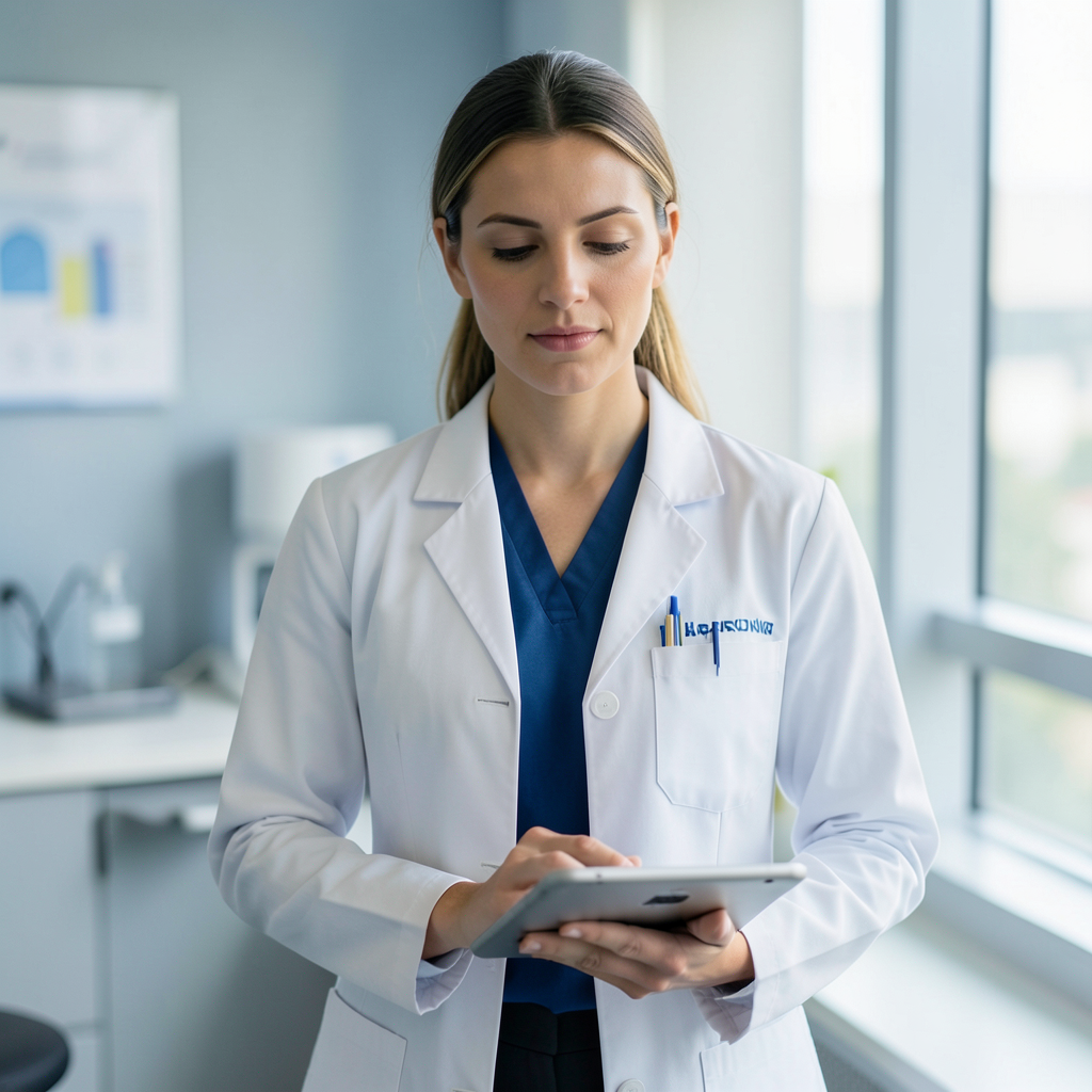 professional female doctor in modern clinic hands resting on sleek tablet serene expression shallow depth of field soft natural window light muted blues and whites high resolution sharp focus