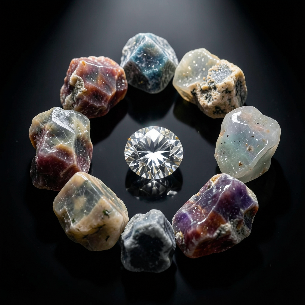 raw rough gemstones arranged in a circle with a polished diamond in the center studio photography dramatic spotlighting rich dark background contrast between rough texture and smooth reflection h