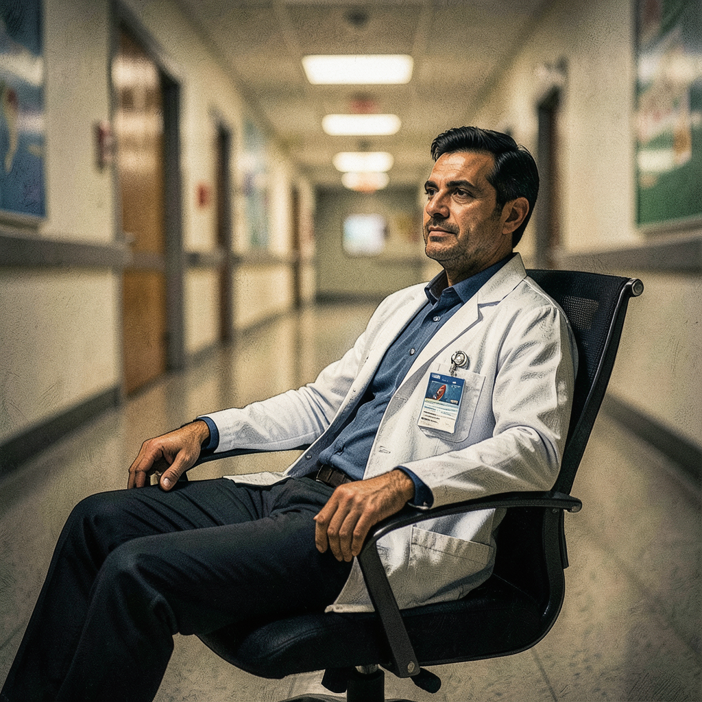 relieved physician leaning back in a modern office chair soft focus background of a hospital corridor warm lighting symbolizing efficiency and reduced burden cinematic portrait