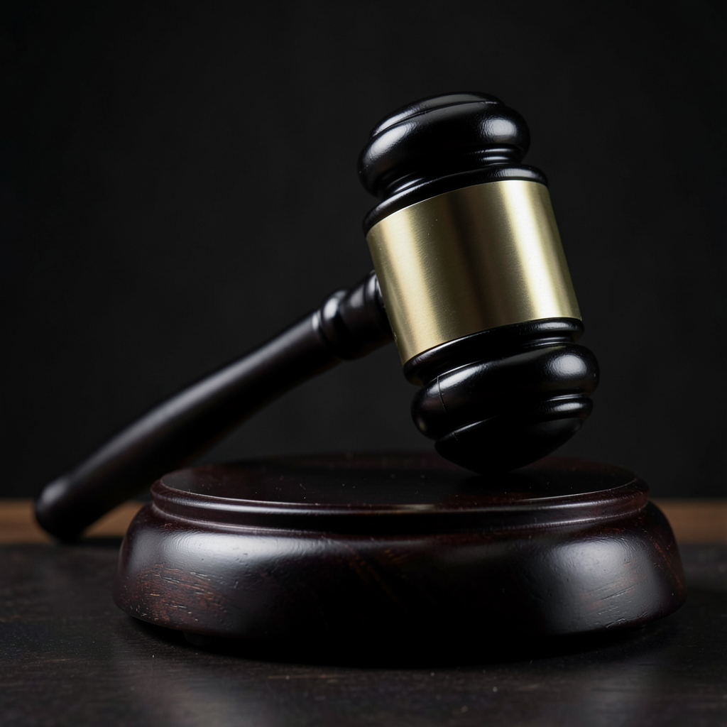 sleek microphone seamlessly merging into a balanced judicial gavel product photography style dramatic side lighting matte black and polished wood textures high contrast sharp focus