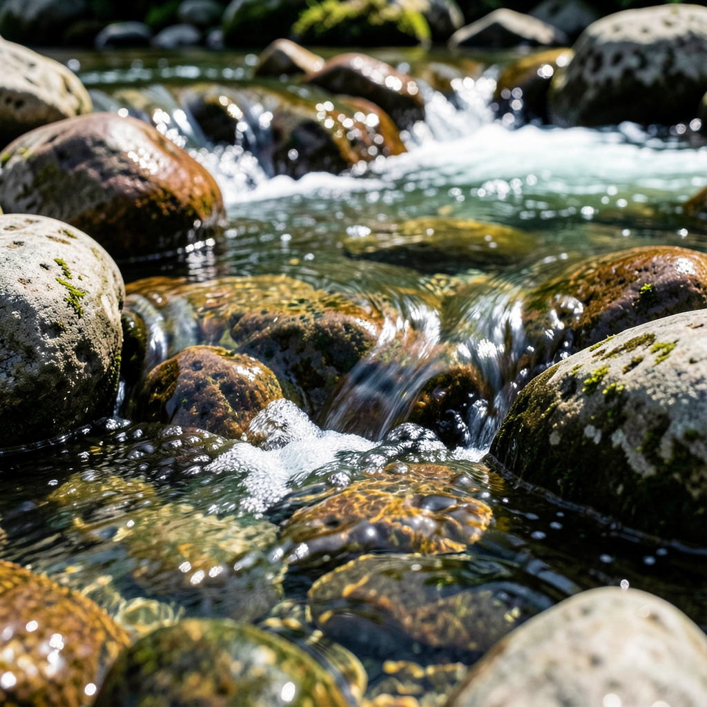 smooth water flowing over polished river stones creating a seamless visual flow macro shot natural lighting high contrast photorealistic zen atmosphere dynamic composition