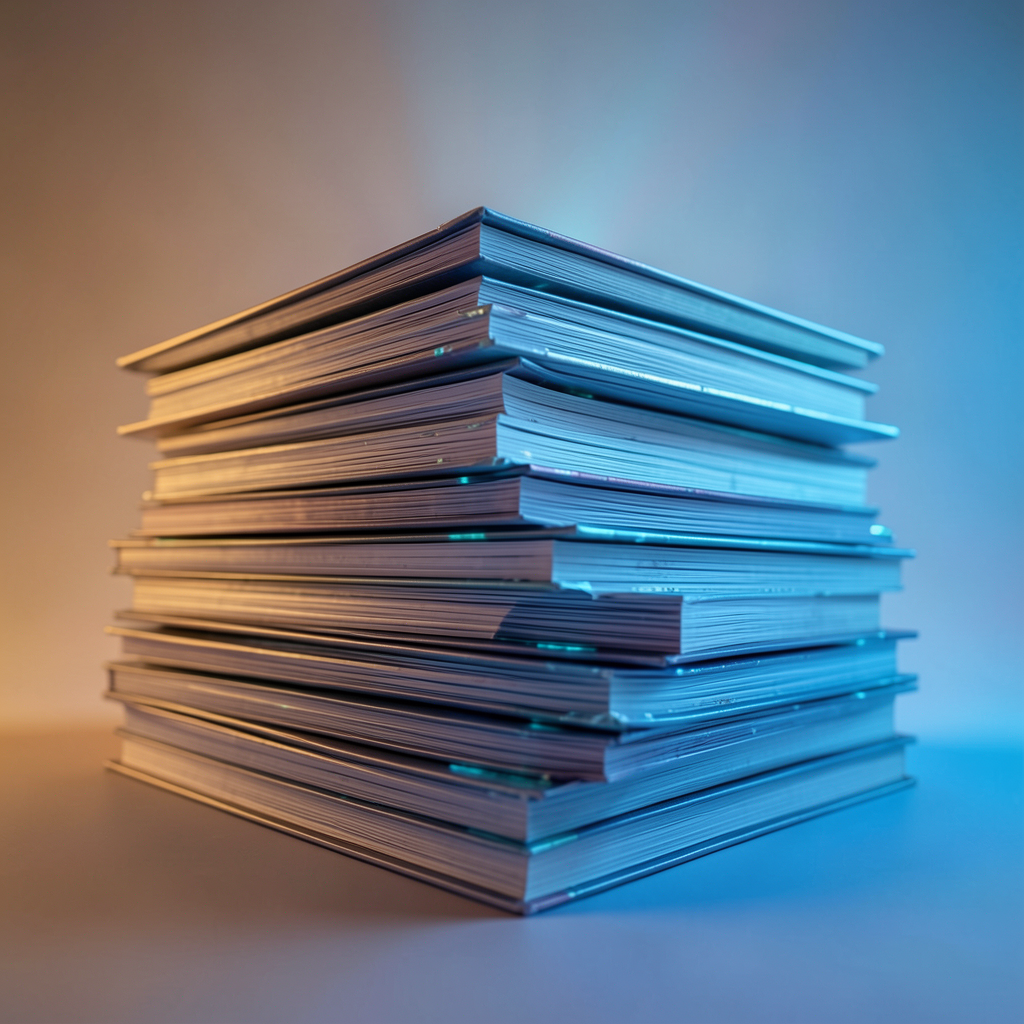 stack of books transforming into a pile of neatly organized digital files surreal transition soft gradient lighting vibrant color shift from warm brown to cool blue macro detail high resolution c
