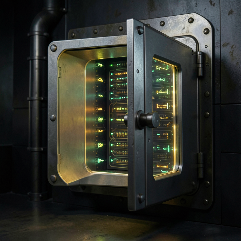 sturdy metal vault door slightly ajar revealing glowing secure data streams inside low-key lighting with rim highlights dark steel and gold color palette dramatic perspective sharp focus cinemati