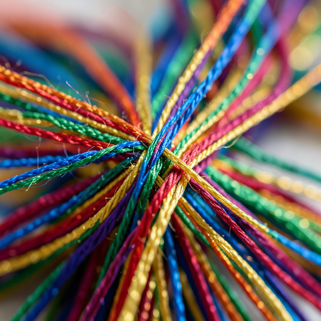 tangled colorful silk threads resolving into a smooth straight golden line macro photography shallow depth of field soft diffused lighting vibrant jewel tones with gold accents high resolution 