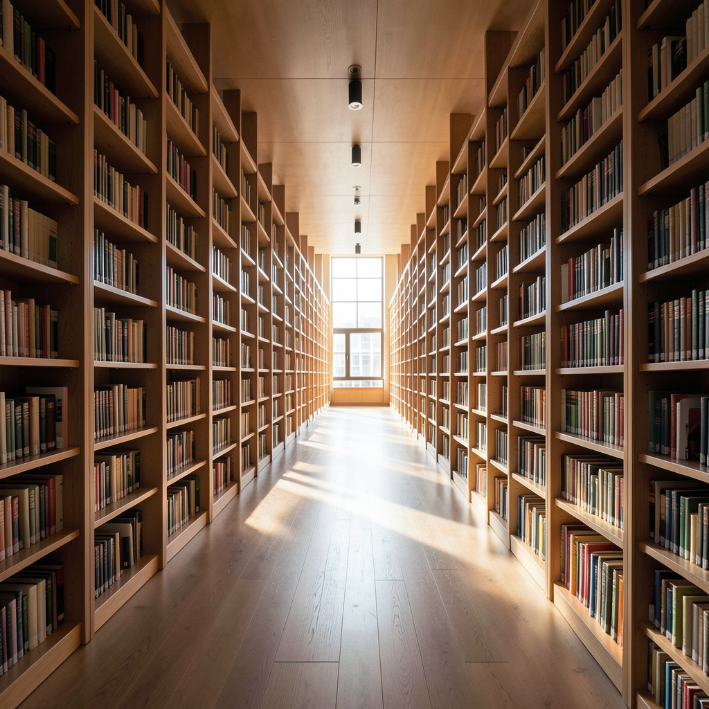 vast modern library with endless rows of organized shelves stretching into the distance perspective lines dramatic backlighting warm wood and soft light color palette wide-angle composition sharp
