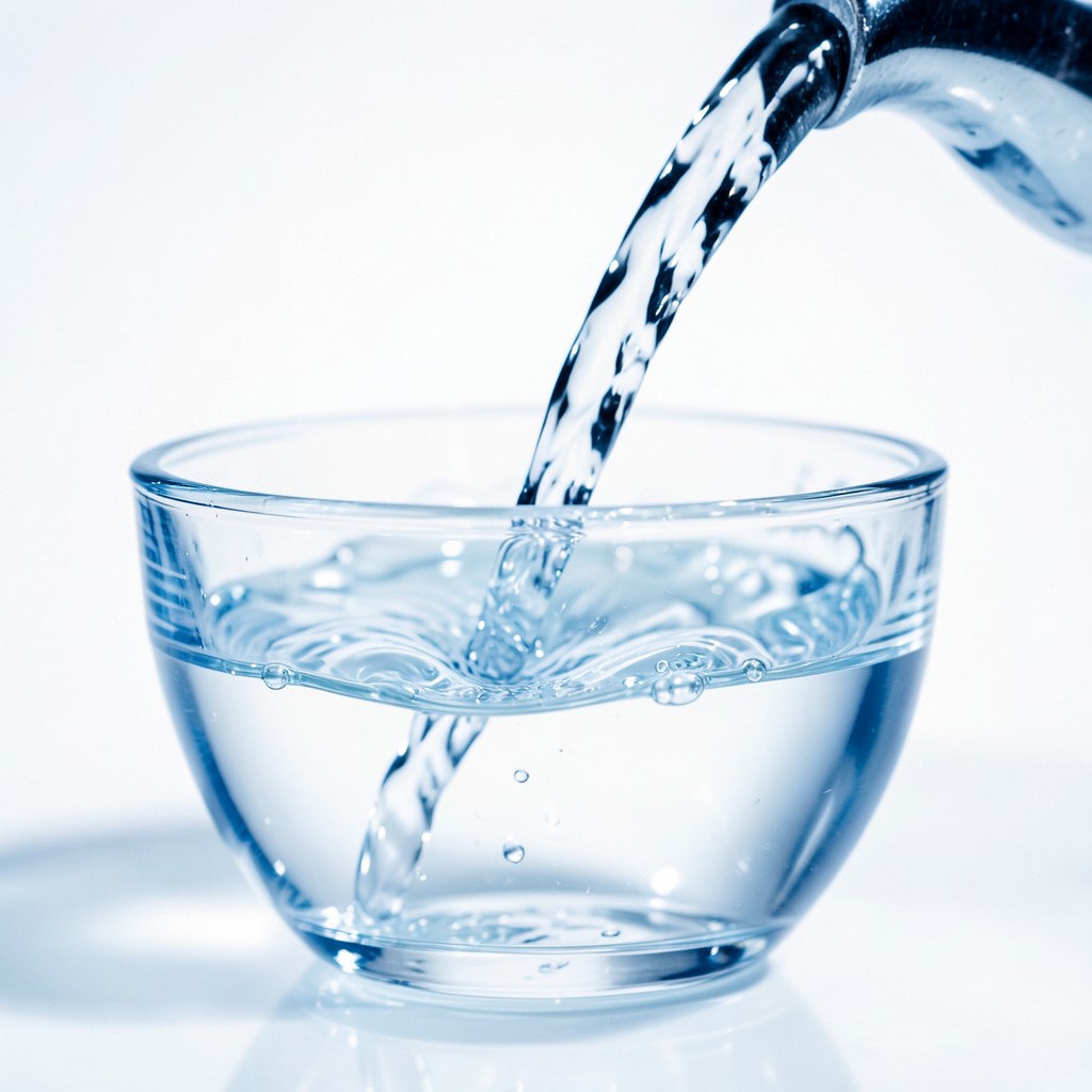 water flowing seamlessly from a faucet into a crystal clear basin no splashes perfect harmony macro photography high key lighting blue and white palette liquid motion
