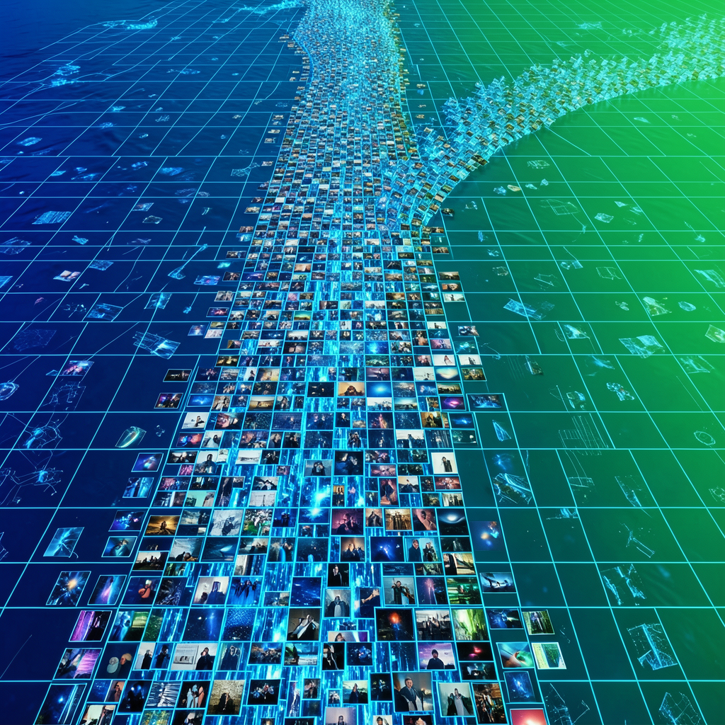 a digital visualization of thousands of audio files converging into a single organized stream flowing like a river into a structured grid abstract tech art vibrant blue and green gradient dynamic