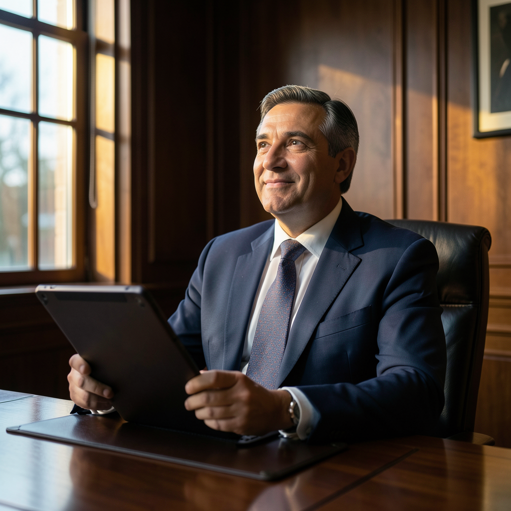 a lawyer in a sleek deposition room looking up from a tablet with a confident expression dramatic lighting from a window classic wood paneling background cinematic composition rich warm colors hi