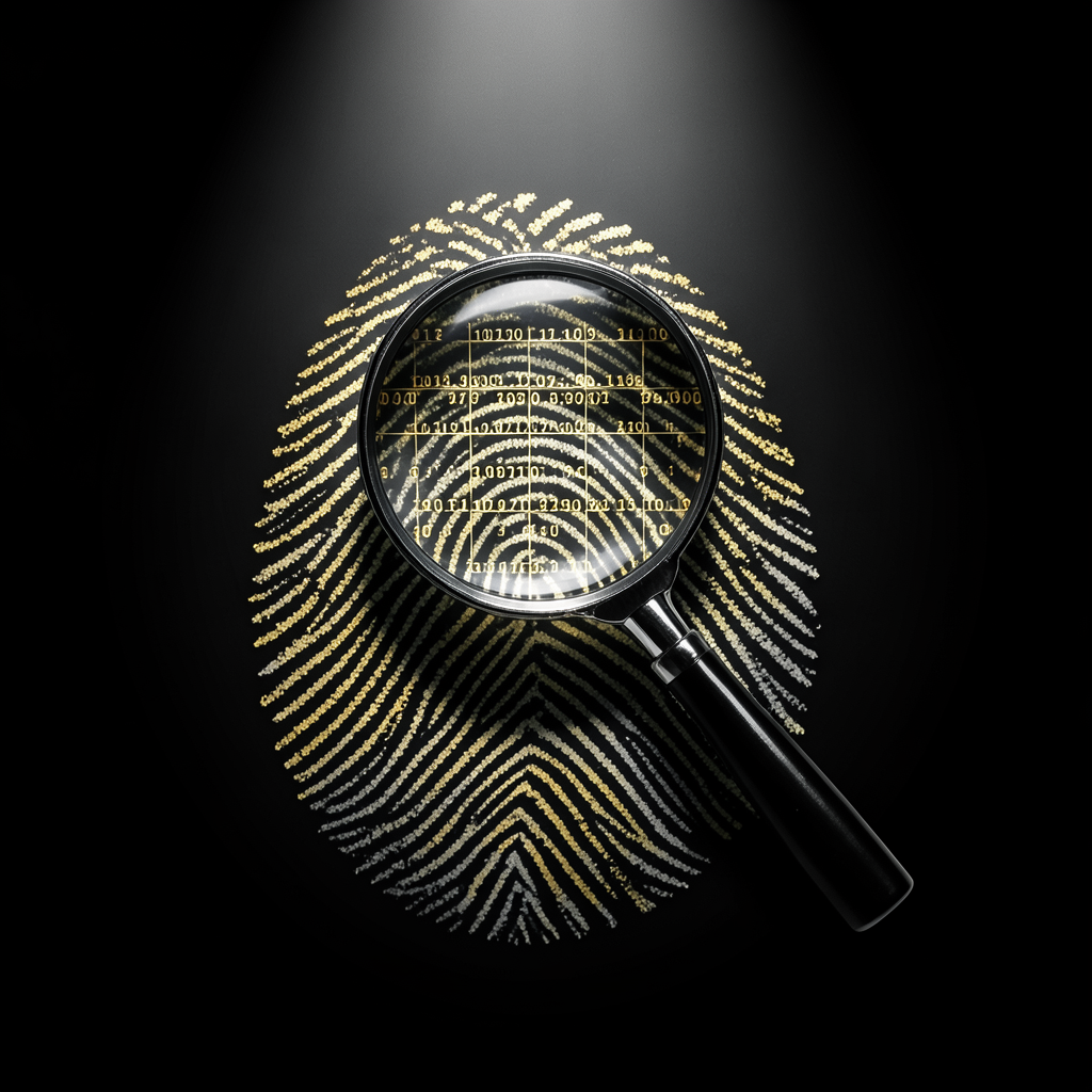 a magnifying glass hovering over a fingerprint pattern that transforms into a structured grid of data points double exposure digital art style centered composition spotlight lighting on subject hi