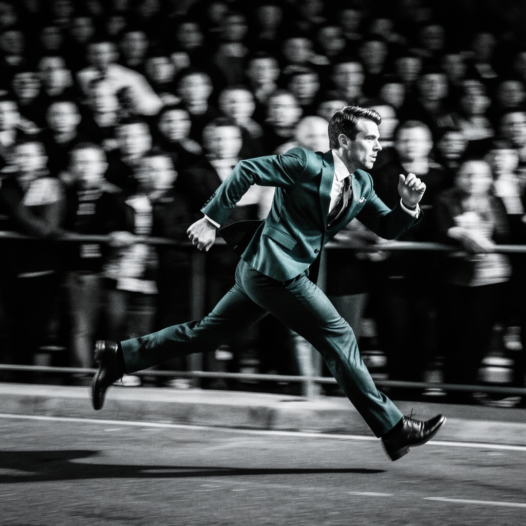 a runner in a business suit sprinting past a blurred static crowd of shadows motion blur photography style dynamic diagonal composition high contrast lighting monochrome palette with teal suit acc