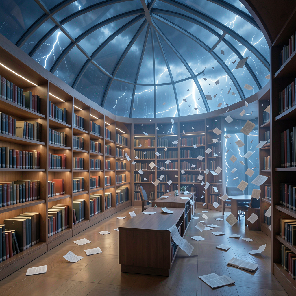 a serene modern library with infinite organized shelves enclosed in a glass dome while a chaotic storm of paper swirls harmlessly outside surreal digital art style wide angle composition soft ambie