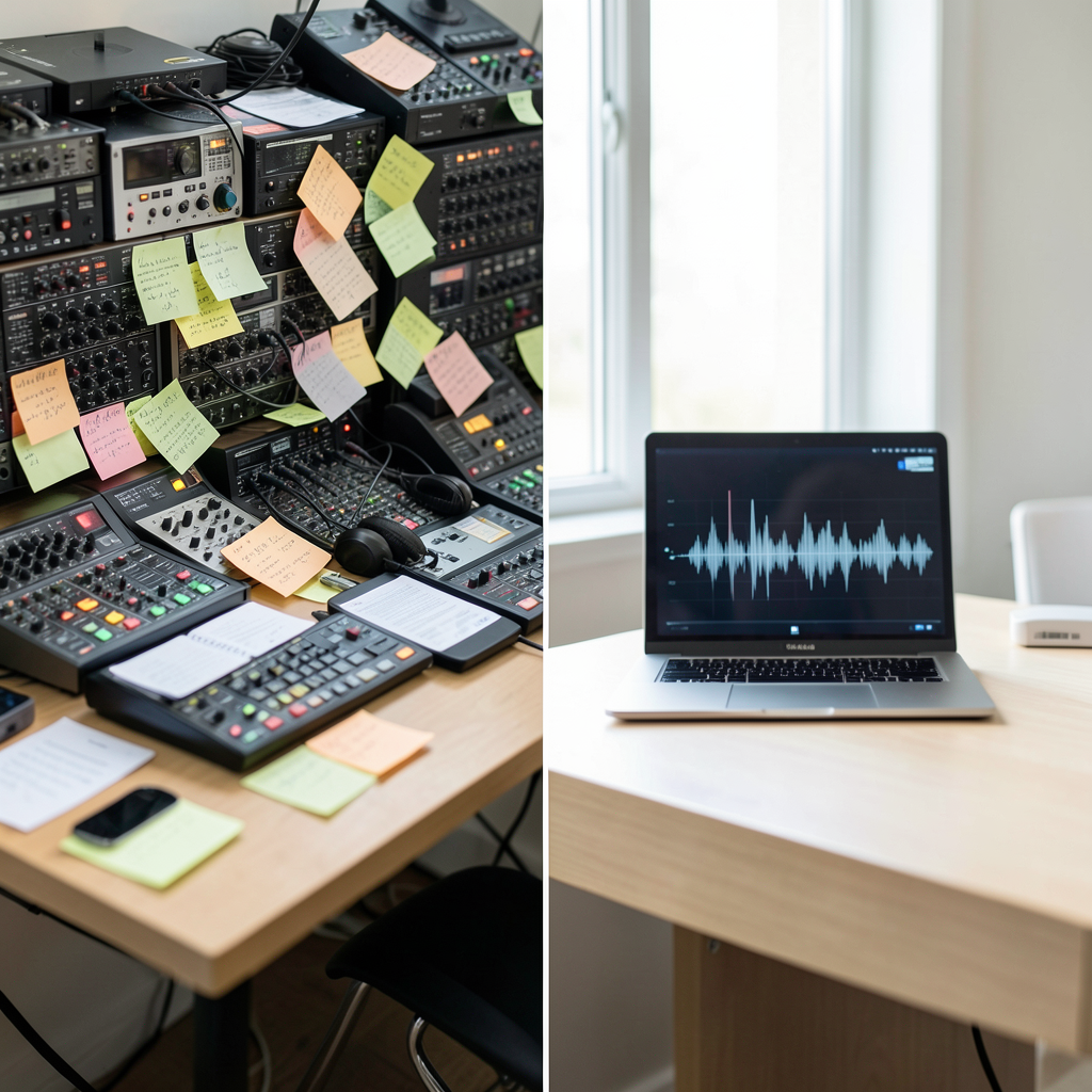 a split composition showing a cluttered desk overflowing with audio files and sticky notes on one side contrasted with a minimalist workspace featuring a single laptop and a sleek audio waveform visu