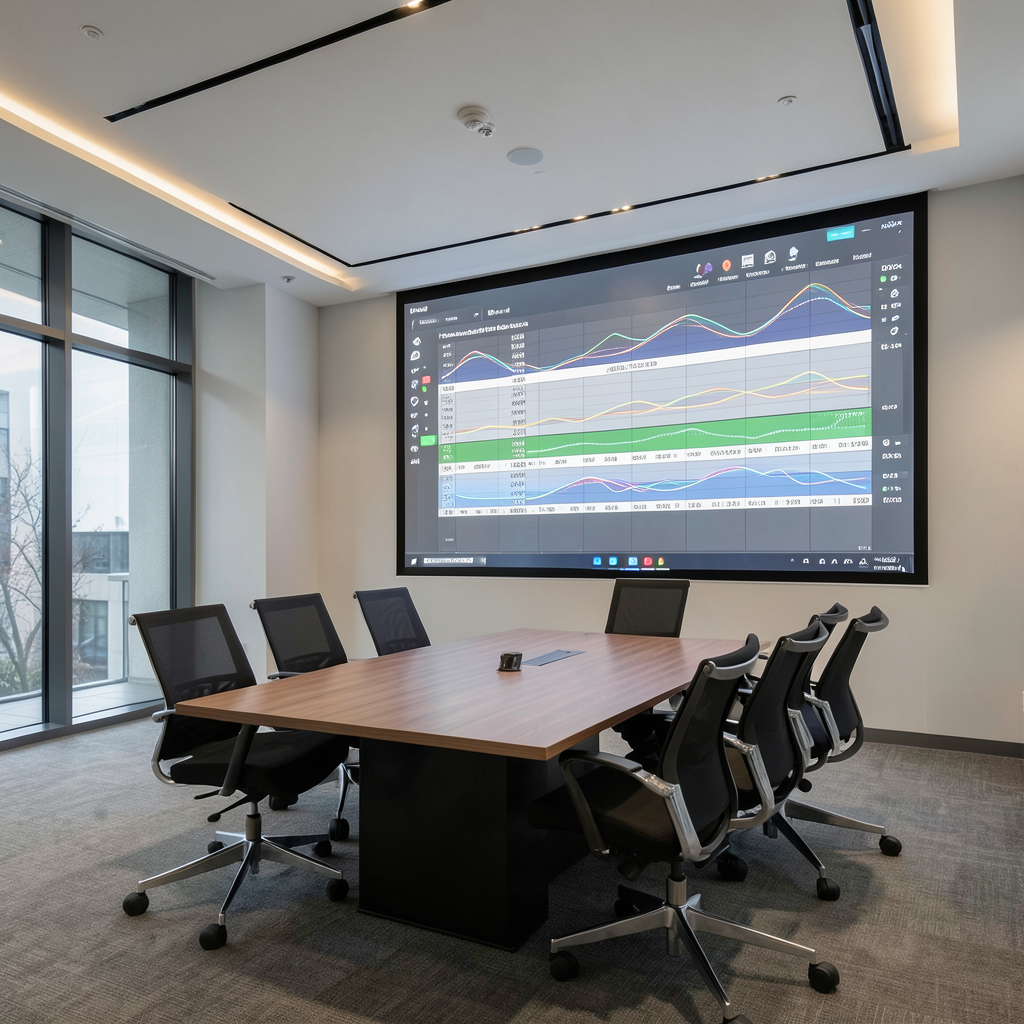 a wide shot of a modern conference room where a large transparent screen displays a synchronized wave of audio data being organized into structured rows soft ambient lighting professional architectu