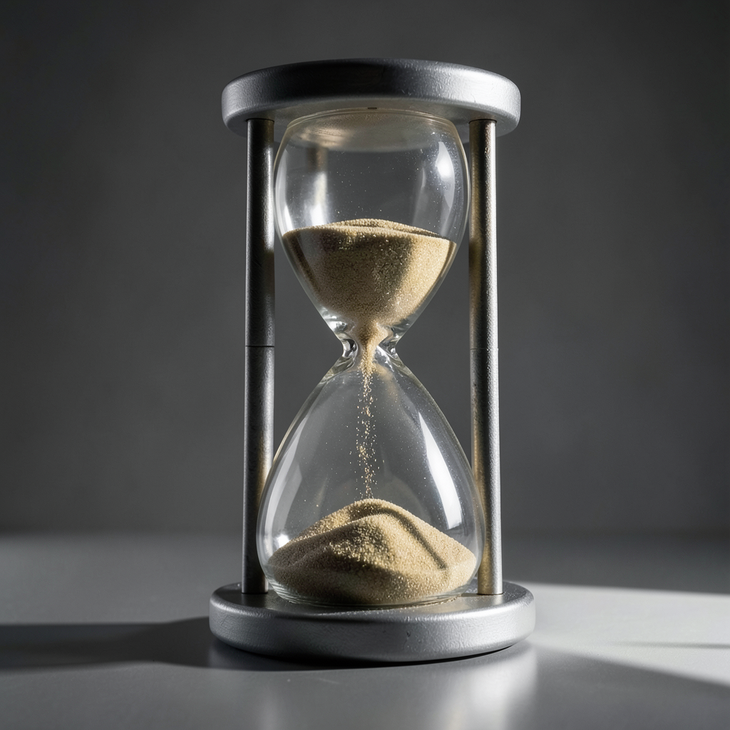 an hourglass where sand flows upward into structured geometric shapes surreal conceptual photography dramatic side lighting monochromatic silver and gold palette high resolution studio quality