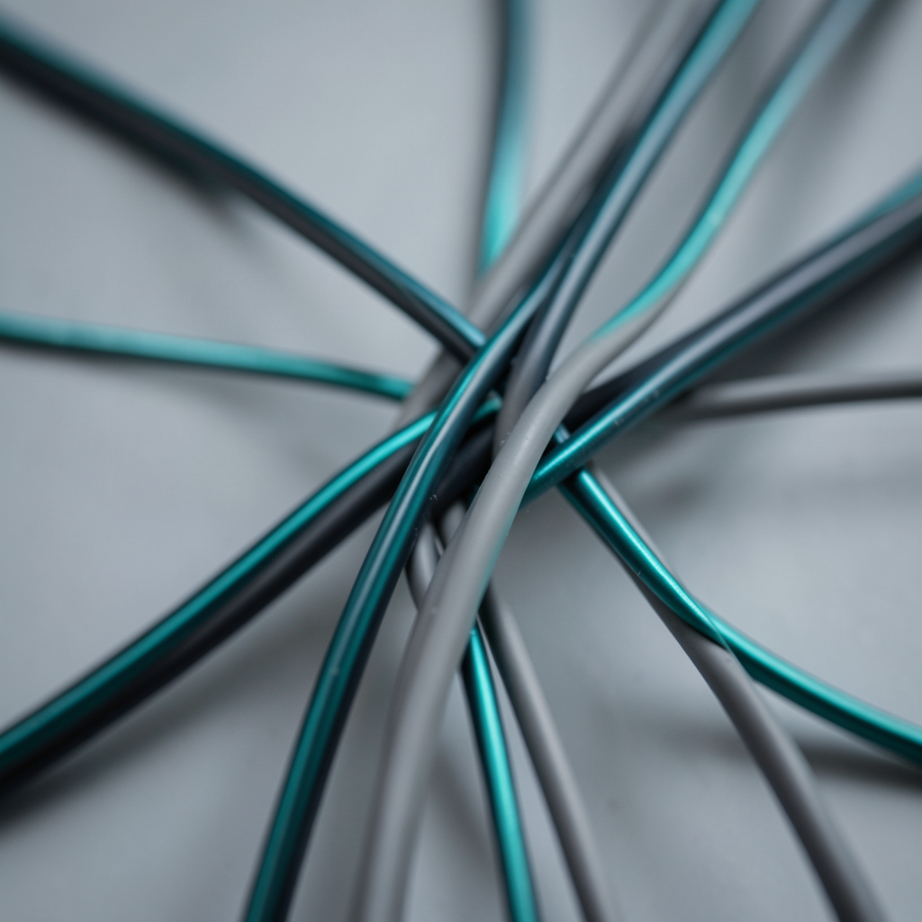 tangled knot of communication cables and audio ribbons slowly unraveling into smooth parallel lines macro photography shallow depth of field cool grey palette with teal highlights high detail pro