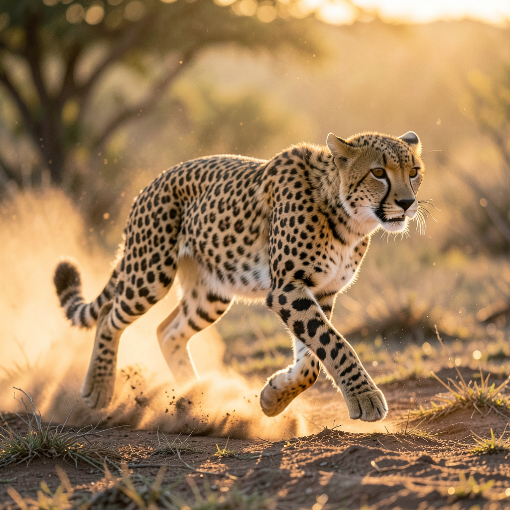a cheetah mid-stride muscles tense dust kicking up freeze-frame action shot golden hour backlight natural wildlife photography style intense focus