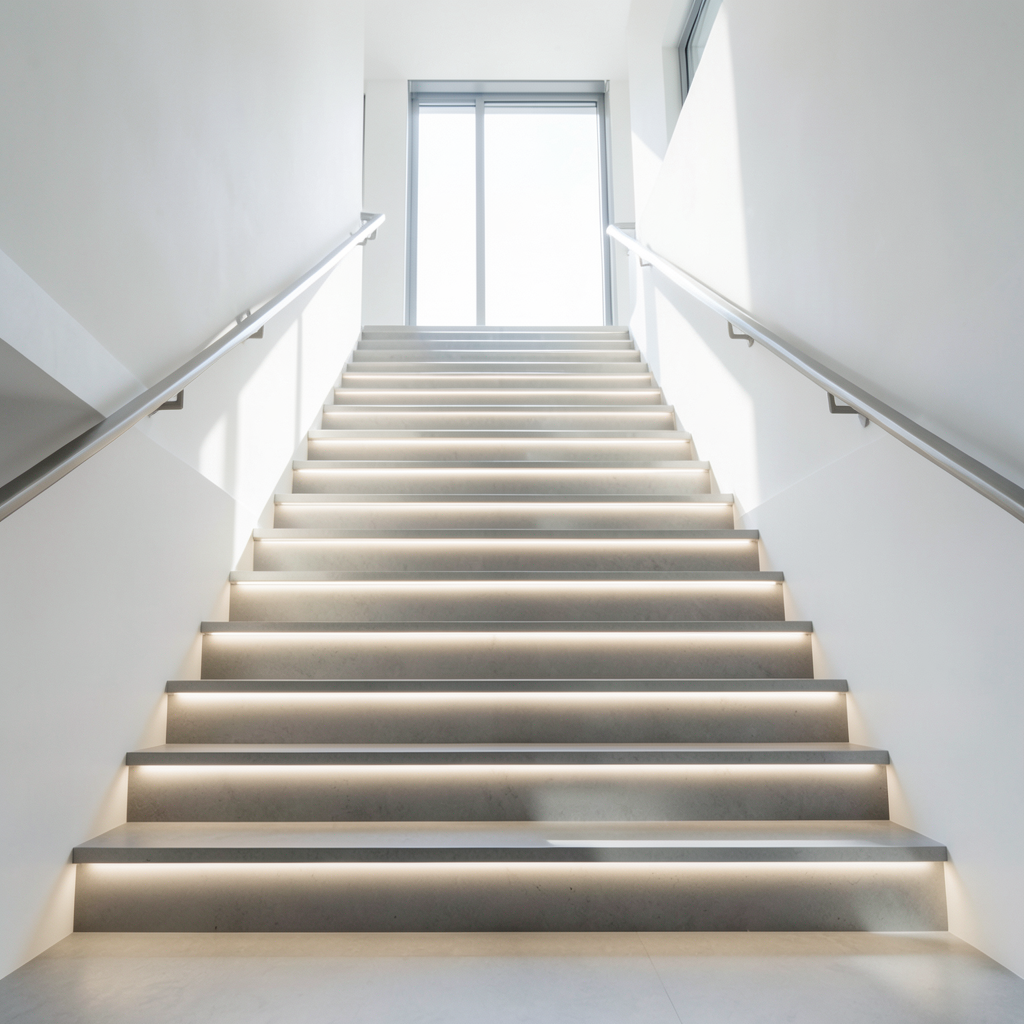 a clean modern staircase with glowing steps upward trajectory bright natural light architectural photography